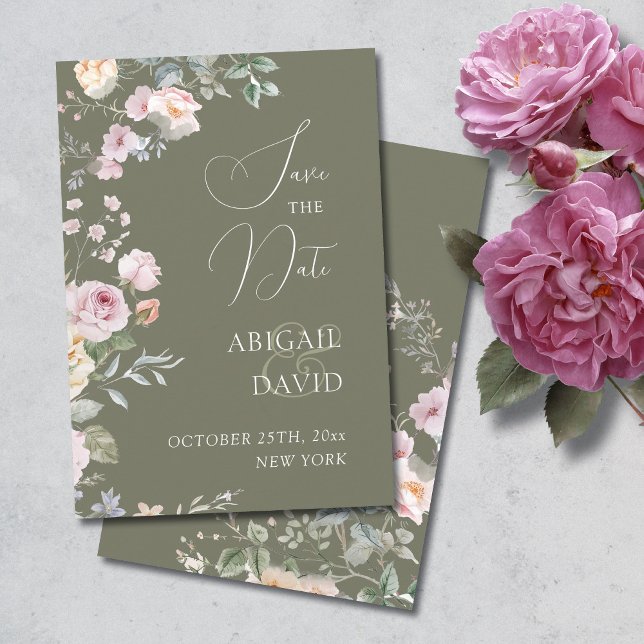 Roses on Olive Green Wedding Save The Date Spara Datumet (Skapare uppladdad)