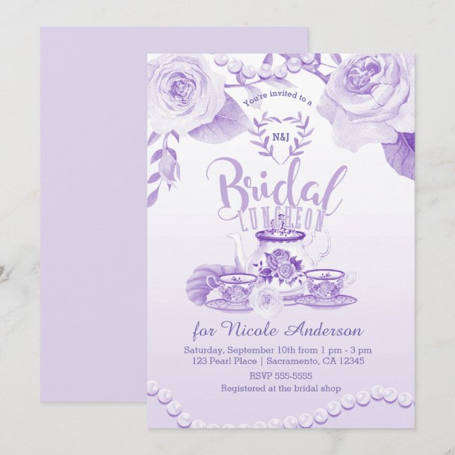 Roses & Pearls Elegant Lila Bröllops Luncheon Te Inbjudningar (Fram/baksida)