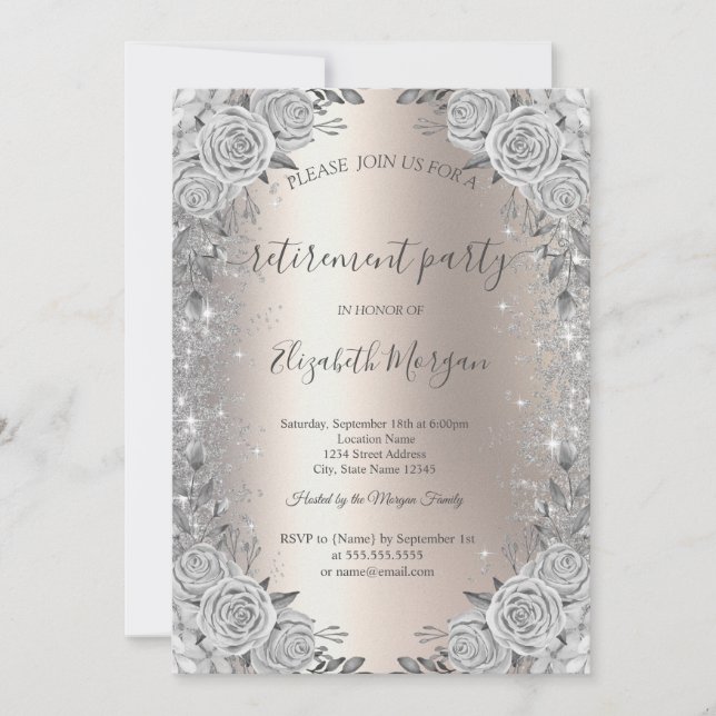 Roses Silver Glitter Diamanter Elfenben Pension  Inbjudningar (Framsida)