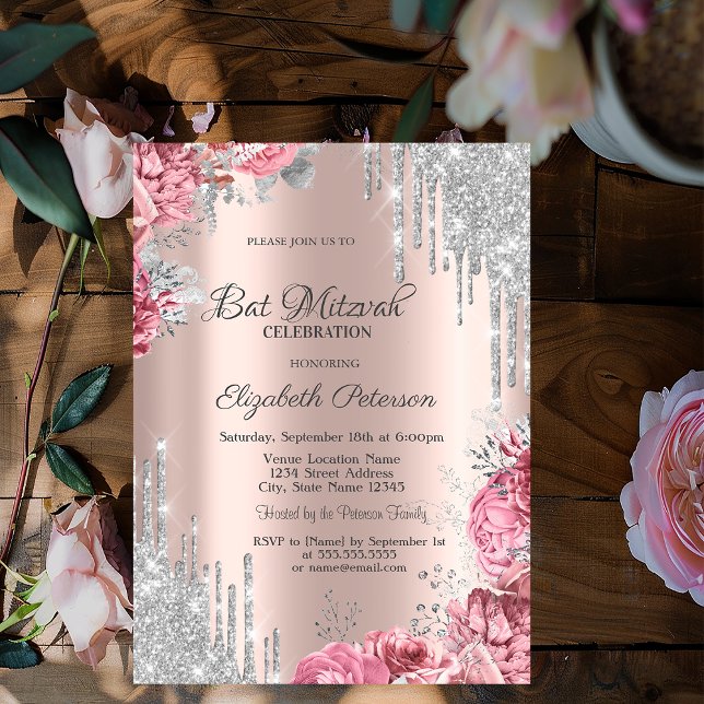 Roses Silver Glitter Drips Rose Gold Bar Mitzvah Inbjudningar (Skapare uppladdad)