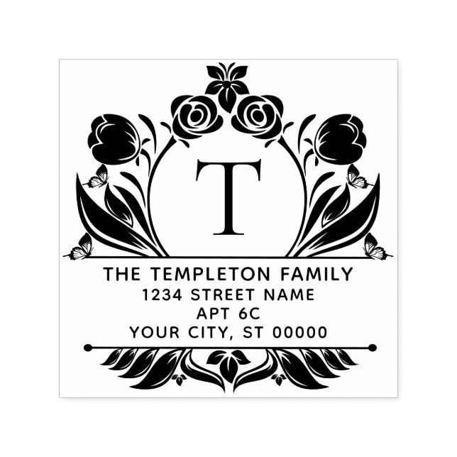 Roses & Tulips Border Frame Name Initial Address Självfärgande Stämpel (Design)