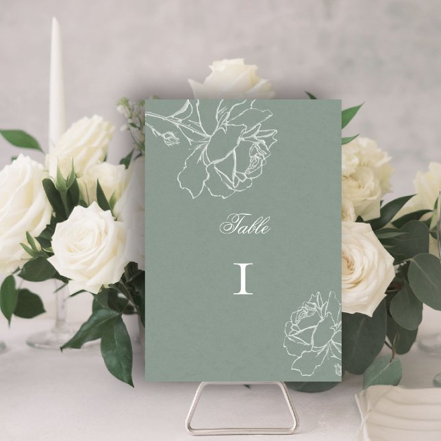 Roses Vow Sage Green Modern Classic Formal Wedding Bordsnummer (sage green wedding theme table number modern classic white roses floral frame formal traditional)