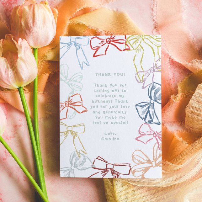 Rosett band och Bows Watercolor Birthday Tack (Ribbons and Bows birthday party Thank You card.)
