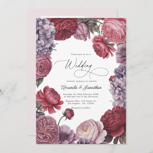 Rosewood and Dusty Lavender Floral Wedding Photo Inbjudningar (Fram/baksida)
