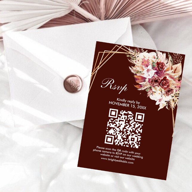 Rosewood Gold Frame QR Code Wedding RSVP Card OSA Kort (Skapare uppladdad)