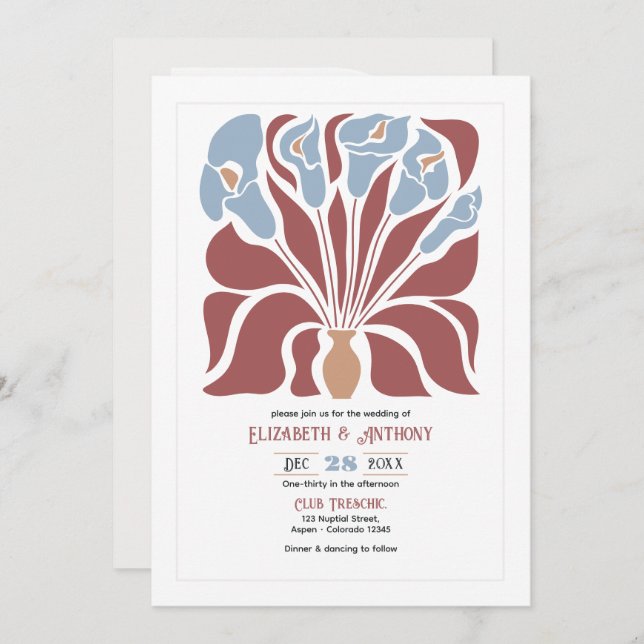 Rosewood & Mist Abstract Floral Boho Wedding Inbjudningar (Fram/baksida)