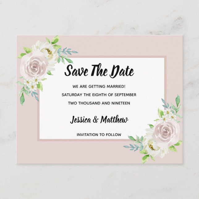 Rosewood Mjuk Mauve Blommig Vattenfärg Ros Bröllop Spara Datumet (Framsida)