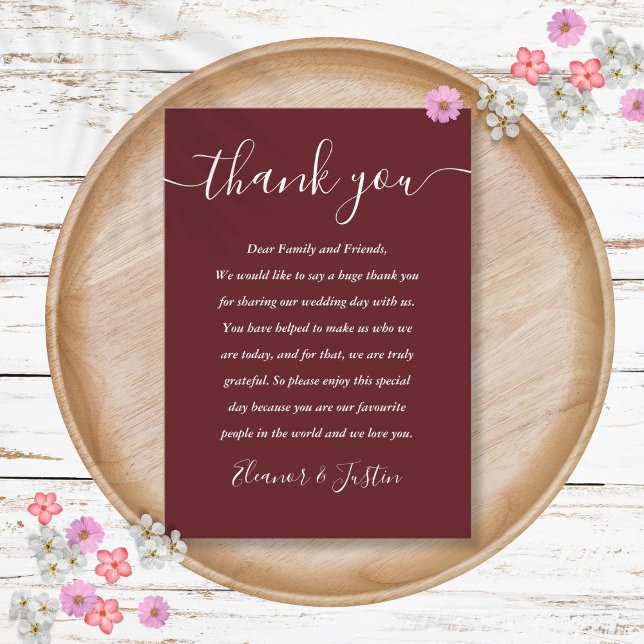 Rosewood Rosa Elegant Script Bröllop Tack Placeringskort (Rosewood Pink Elegant Script Wedding Thank You Place Card)
