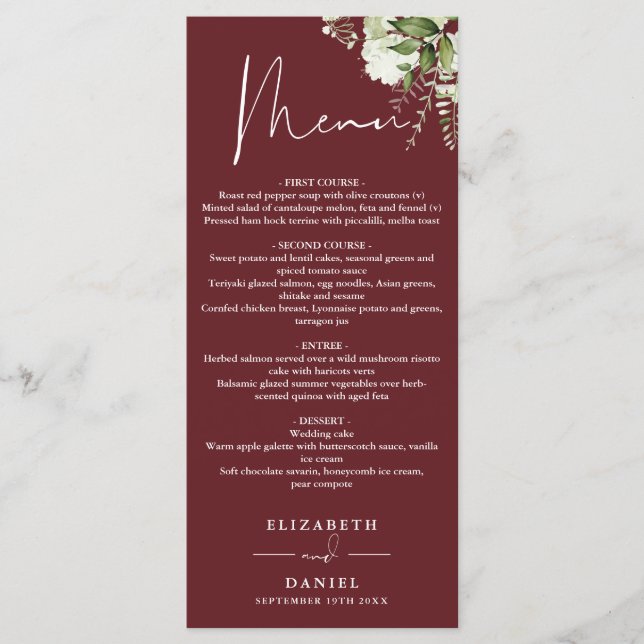 Rosewood Rosa Greenery Monogram Bröllop Middag Meny (Framsida)