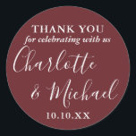 Rosewood Rosa Namnteckning Tack för bröllopsförmån Runt Klistermärke<br><div class="desc">Rosewood rosa namnteckning bröllopsförmån tack vare att du har ett klassiskt runt dekaler som namnteckning stil namn. Anpassa med din speciella tackinformation om chicens typografi. Designad av Thisisnotme©</div>