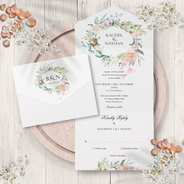 Rosgrönska Blommig Monogram Bröllop (Roses Greenery Floral Monogram Wedding All In One Invitation)