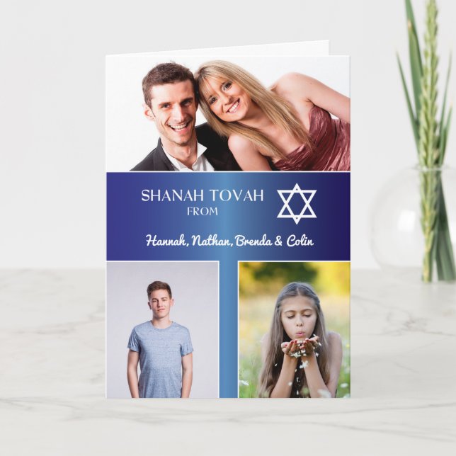 Rosh Hashanah 3 Photo Namn Blue Gradient Effekt Helgkort (Framsida)