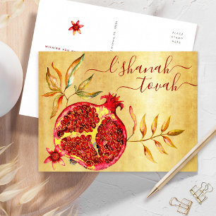 Rosh Hashanah Akvarell Röd Granatäpple på Guld Helg Vykort