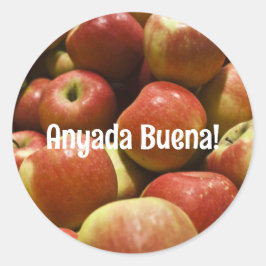 Rosh Hashanah Apple Stickers med Ladino Hälsning Runt Klistermärke