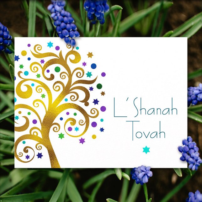 Rosh Hashanah Blue Gold Foil Livets träd Modern Helg Vykort (Skapare uppladdad)