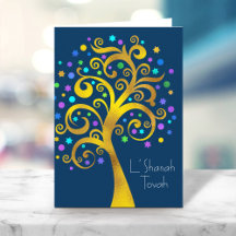 Rosh Hashanah Blue Gold Foil Livets träd på flotta
