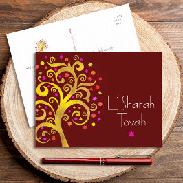 Rosh Hashanah Burgunder Guld Folie Livets Träd Fet Helg Vykort