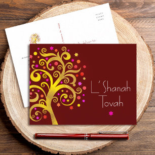 Rosh Hashanah Burgunder Guld Folie Livets Träd Fet Helg Vykort