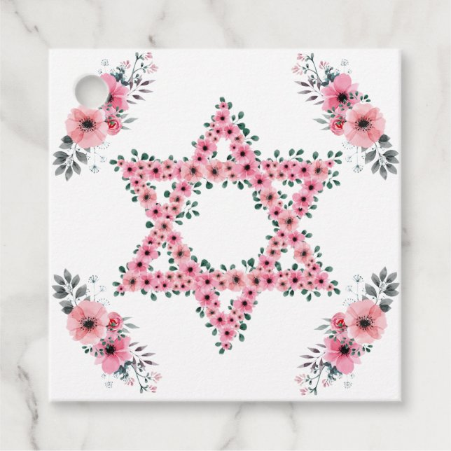 Rosh Hashanah Davidsstjärna Rosa Blomma Vit Gåvor Etiketter (Framsida)