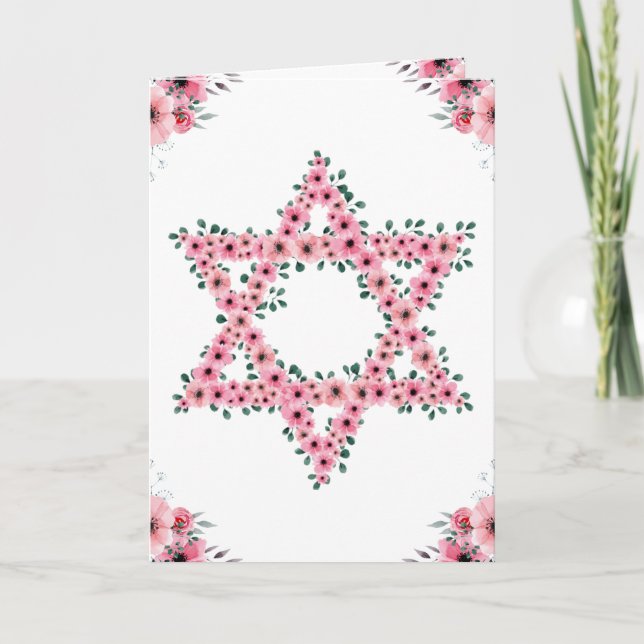 Rosh Hashanah Davidsstjärna Rosa Blomma Vit Kort (Framsida)
