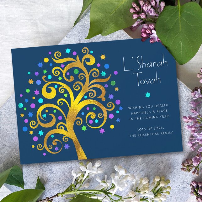 Rosh Hashanah Gold Foil Livets träd Navy Modern Julkort (Skapare uppladdad)