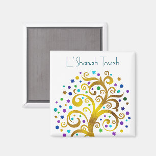 Rosh Hashanah Guld Blue Modern Livets träd Chic Magnet