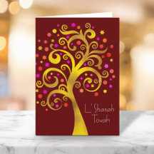 Rosh Hashanah Guld Red Foil Livets träd, Burgundy