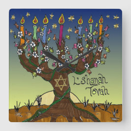 Rosh Hashanah L'Shanah Tovah Livets träd Menorah Fyrkantig Klocka