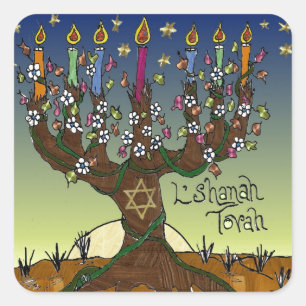 Rosh Hashanah L'Shanah Tovah Livets träd Menorah Fyrkantigt Klistermärke