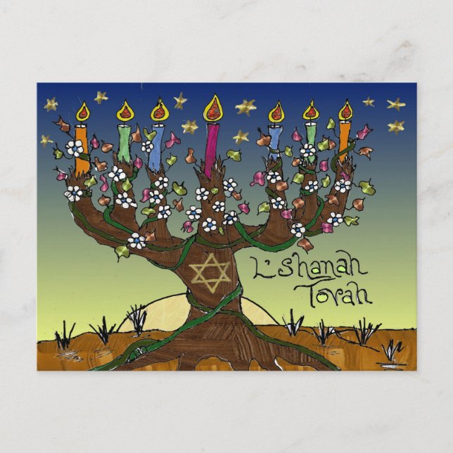 Rosh Hashanah L'Shanah Tovah Livets träd Menorah Helg Vykort (Framsida)