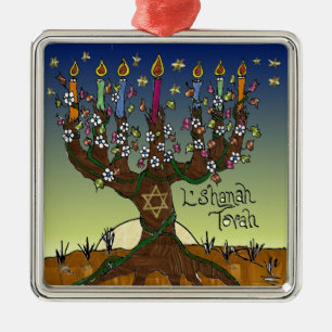 Rosh Hashanah L'Shanah Tovah Livets träd Menorah Julgransprydnad Metall
