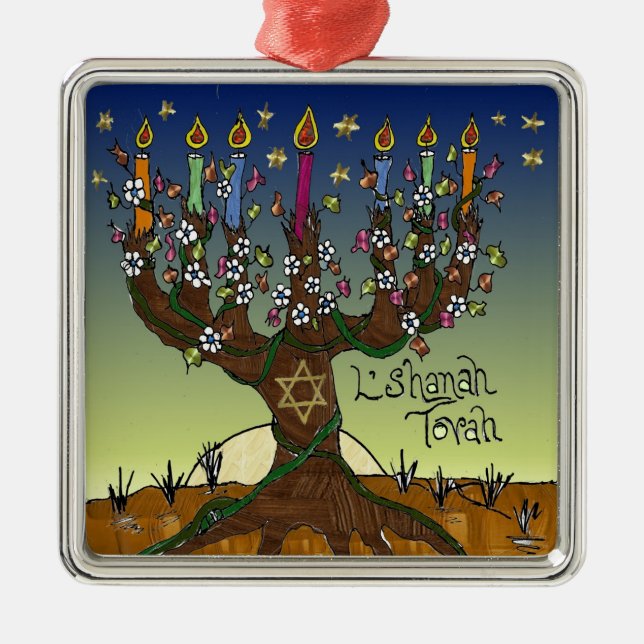 Rosh Hashanah L'Shanah Tovah Livets träd Menorah Julgransprydnad Metall (Framsidan)
