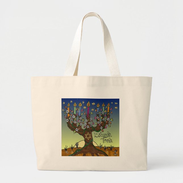 Rosh Hashanah L'Shanah Tovah Livets träd Menorah Jumbo Tygkasse (Framsidan)