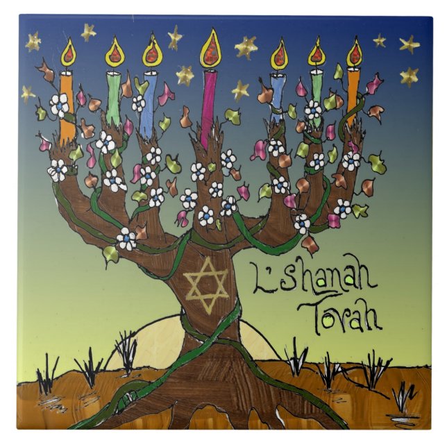 Rosh Hashanah L'Shanah Tovah Livets träd Menorah Kakelplatta (Framsidan)