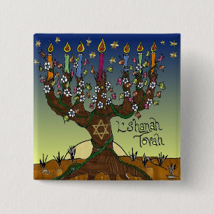 Rosh Hashanah L'Shanah Tovah Livets träd Menorah Knapp