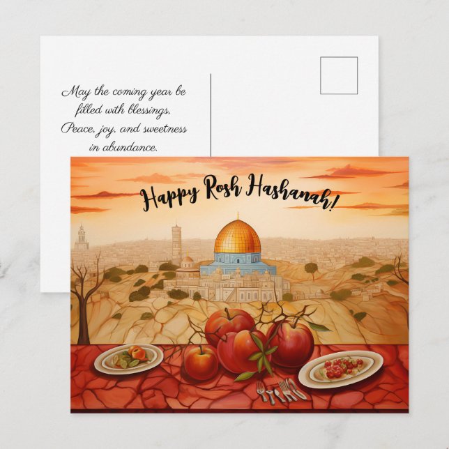 ✡️ Rosh Hashanah med Klippdomen & äpple Vykort (Fram/baksida)