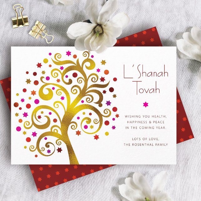 Rosh Hashanah Modern Red Gold Foil Livets träd Julkort (Skapare uppladdad)