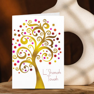 Rosh Hashanah Modern Red Gold Foil Livets träd Kort