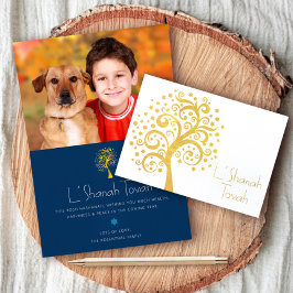 Rosh Hashanah Navy Livets träd Photo Real Guld Folierat Kort