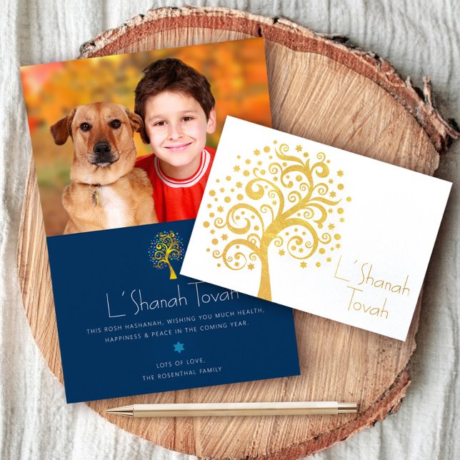 Rosh Hashanah Navy Livets träd Photo Real Guld Folierat Kort (Skapare uppladdad)