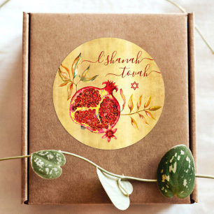 Rosh Hashanah Red Pomegranate Watercolor på Guld Runt Klistermärke