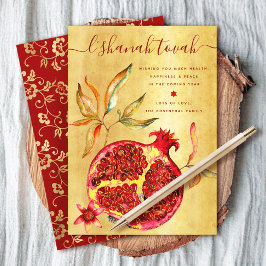 Rosh Hashanah Röd akvarellgranat på guld Julkort