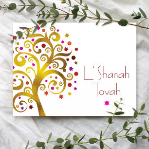 Rosh Hashanah Röd Guld Folie Livets Träd Modern Helg Vykort