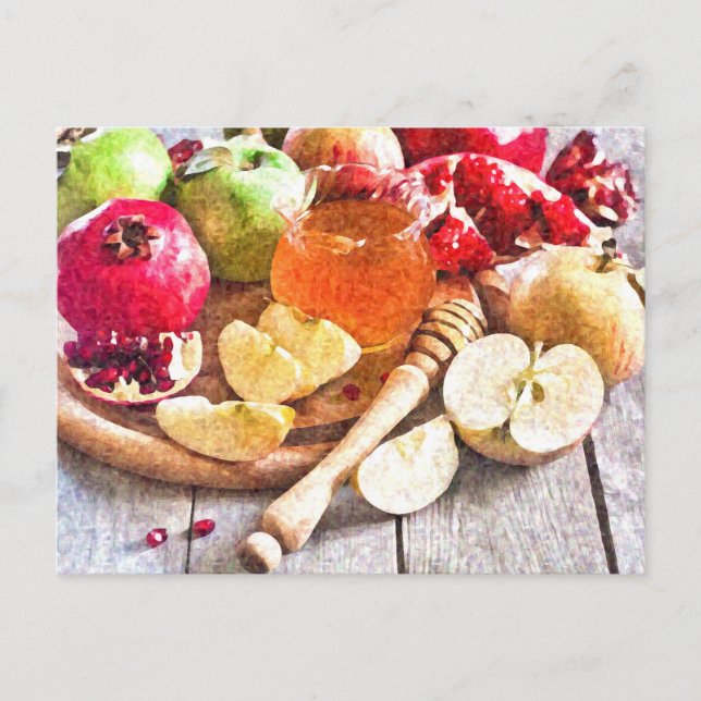 Rosh Hashanah Watercolor Apples och Honung Vykort (Framsida)