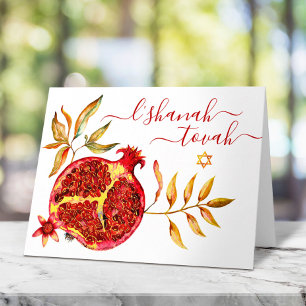 Rosh Hashanah Watercolor Red & Guld Pomegranate Kort