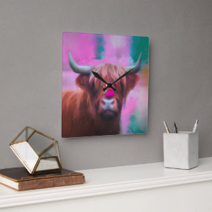 "Rosie från Highlands" – Highland Cow-porträtt Fyrkantig Klocka