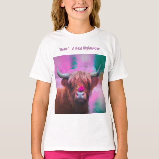 "Rosie of the Highlands" – Highland Cow Portrait T Shirt (Framsida)