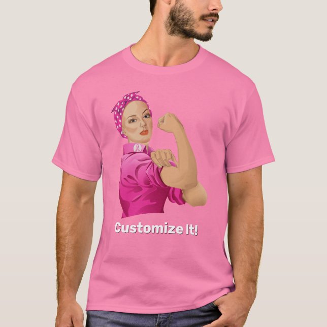 Rosie of the Riveter Breast Cancer Awareness T Shirt (Framsida)