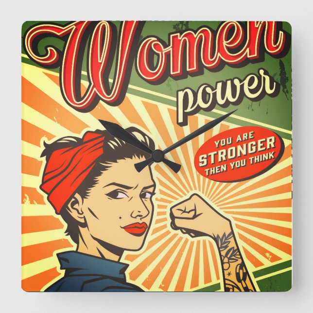 Rosie Riveter, Woman Power Retro Design Fyrkantig Klocka (Framsida)