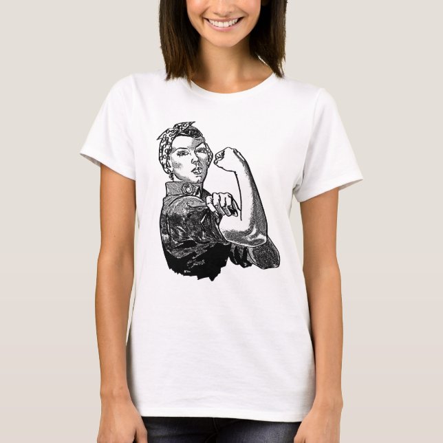 Rosie-the-Riveter Feminist Graphic Line Art Black T Shirt (Framsida)